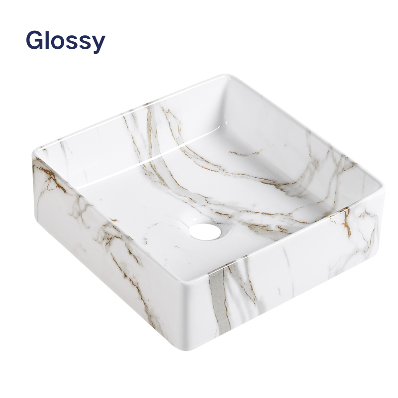 Modern glossy white marble square vessel sink for bathroom vanity, elegant ceramic wash basin.