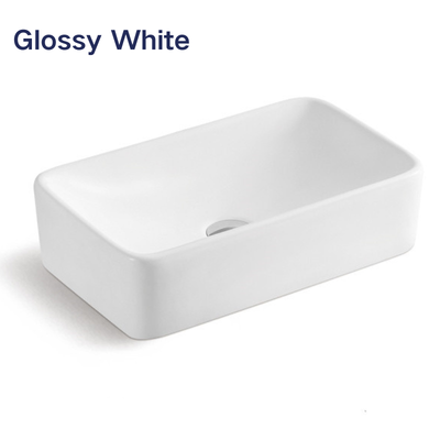 Rectangular glossy white ceramic vessel sink for modern bathroom vanity.