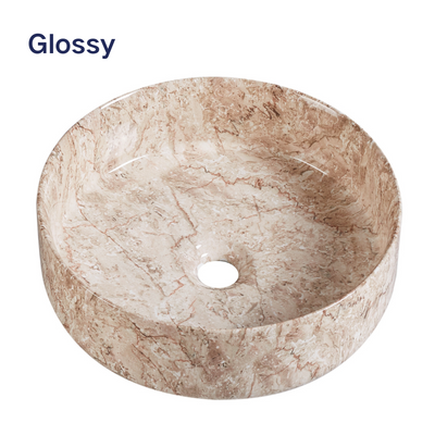 Glossy round beige marble pattern vessel sink for modern bathroom vanities.