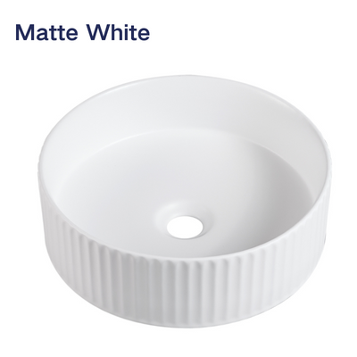 Round matte white vessel sink with a fluted exterior texture for a modern bathroom vanity.