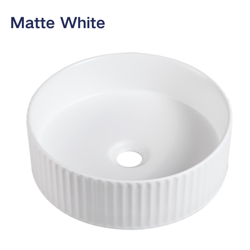 Round matte white vessel sink with a fluted exterior texture for a modern bathroom vanity.