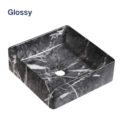 Glossy black marble pattern square vessel sink for bathroom vanity countertop.