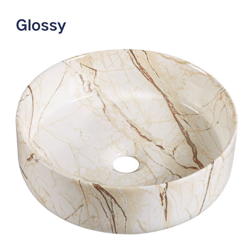 Glossy round beige marble vessel sink with brown veining for above-counter bathroom vanity.