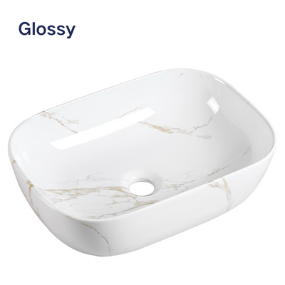 Glossy white ceramic rectangular vessel sink with gold marble pattern for bathroom vanity.
