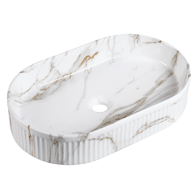 Glossy white marble oval vessel sink with fluted exterior for bathroom countertop vanity.