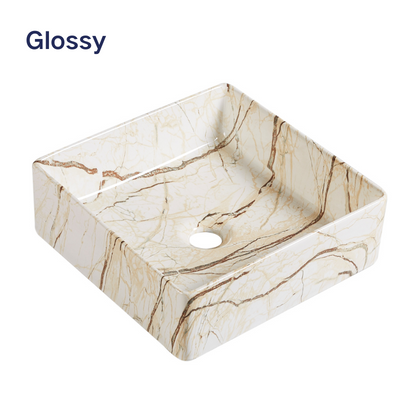 Glossy square beige marble vessel sink with brown veining for modern bathroom vanity.