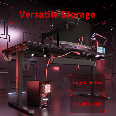 Carbon fiber K1 Electric Standing Desk with large cable box, DIY hooks, headphone storage, and gaming PC setup.