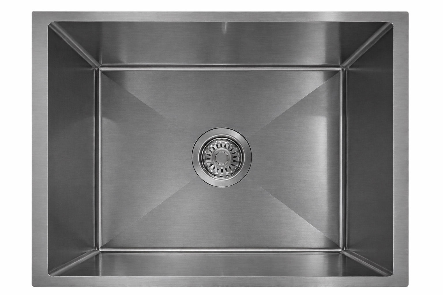 Rectangular brushed stainless steel single bowl kitchen sink with drainage grooves and center drain.