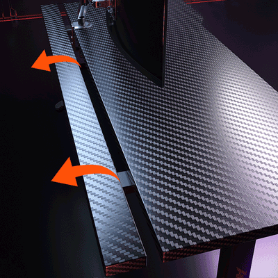 Carbon fiber K1 Standing Desk surface, adjustable black & grey desk panel with orange arrows.