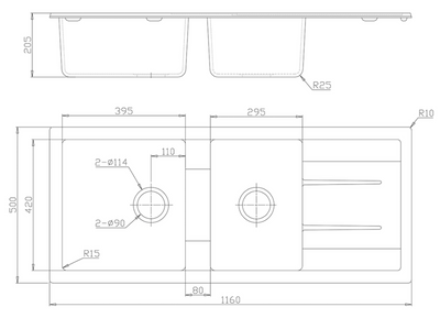 Granite Double Bowls Kitchen Sinks with Right Drainer
