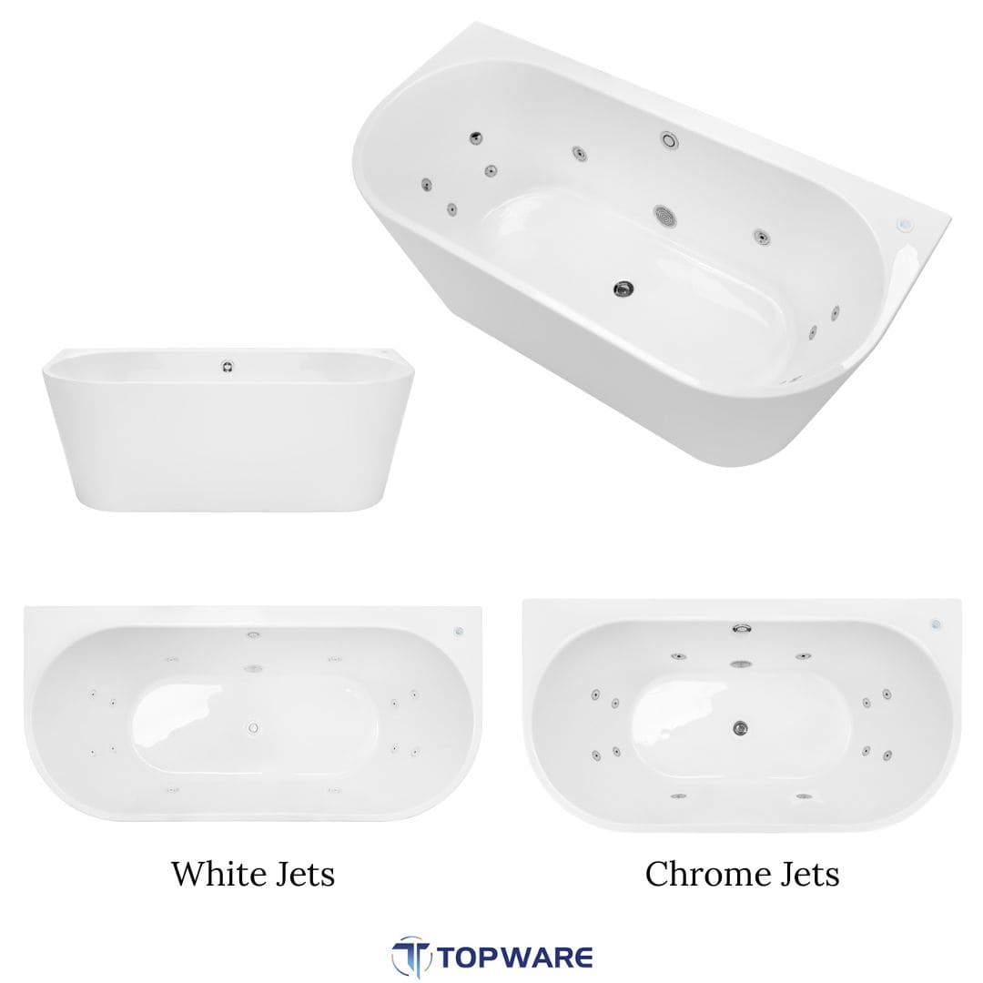 White Topware freestanding whirlpool spa bathtub with options for white or chrome massage jets.