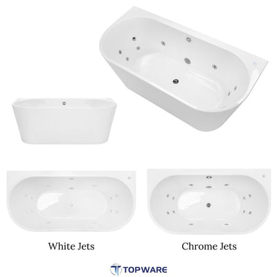 White Topware freestanding whirlpool spa bathtub with options for white or chrome massage jets.