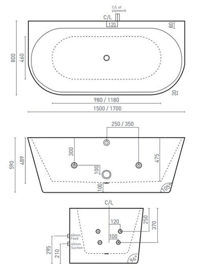Black and white technical drawing of an oval whirlpool bathtub with detailed dimensions for bathroom installation.