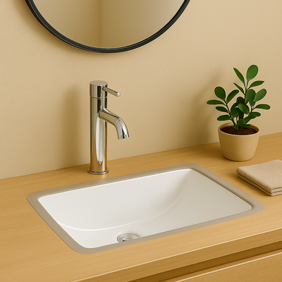 White rectangular drop-in bathroom sink with a tan rim and polished chrome faucet on a light wood vanity.