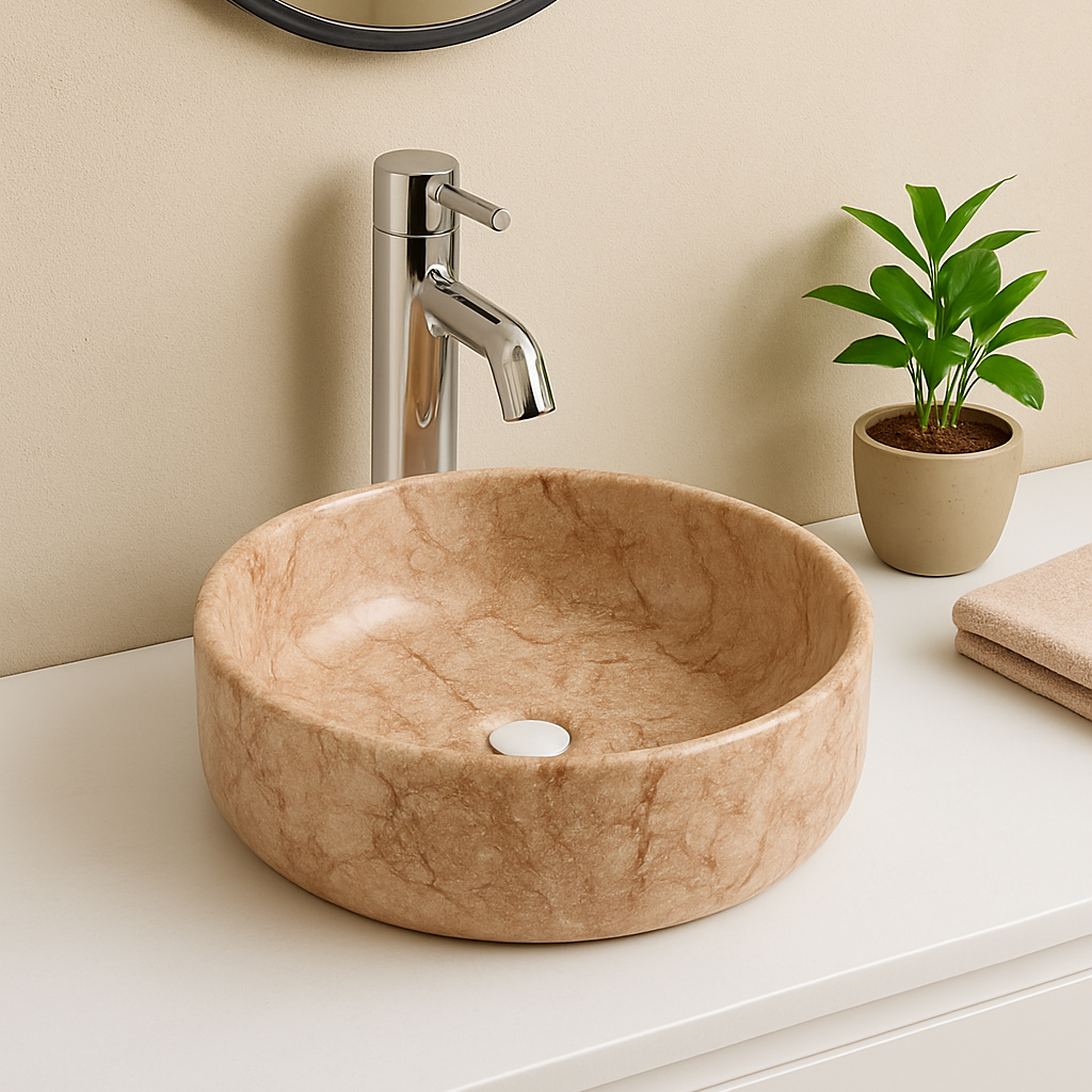 Round beige marble vessel sink with a chrome faucet on a white bathroom vanity.
