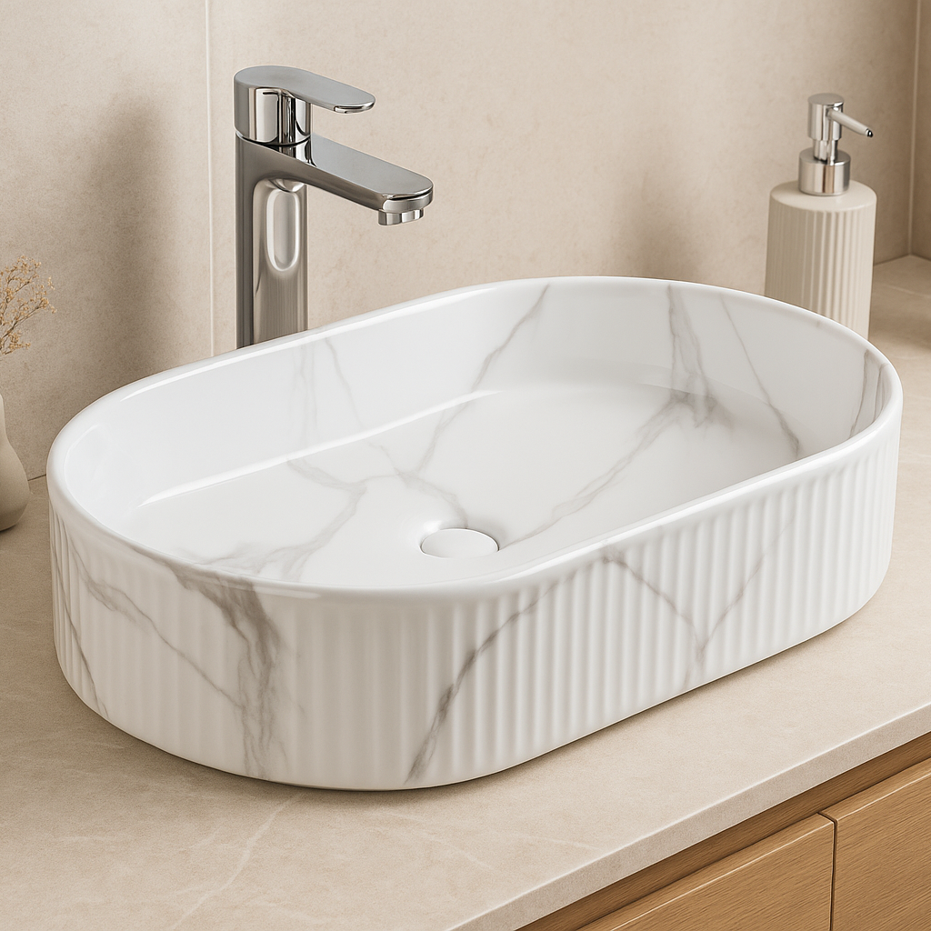 White marble pattern oval vessel sink with fluted exterior on a modern bathroom vanity.