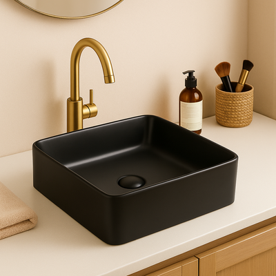 Matte black square vessel bathroom sink on white countertop with brushed gold faucet.