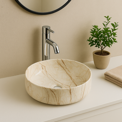 Modern round vessel sink with beige marble finish and sleek chrome faucet on a minimalist bathroom vanity.