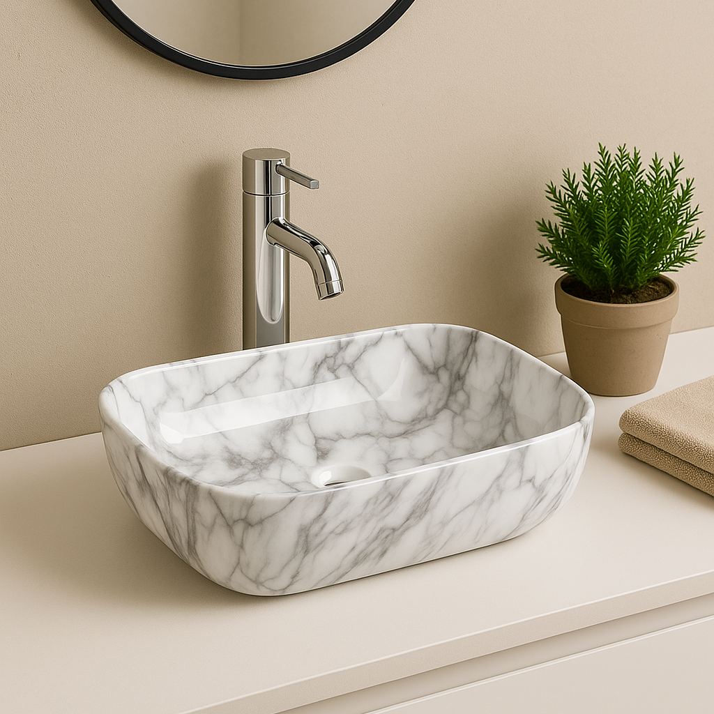 Rectangular marble vessel sink with grey veining and chrome faucet on a modern beige bathroom vanity countertop.