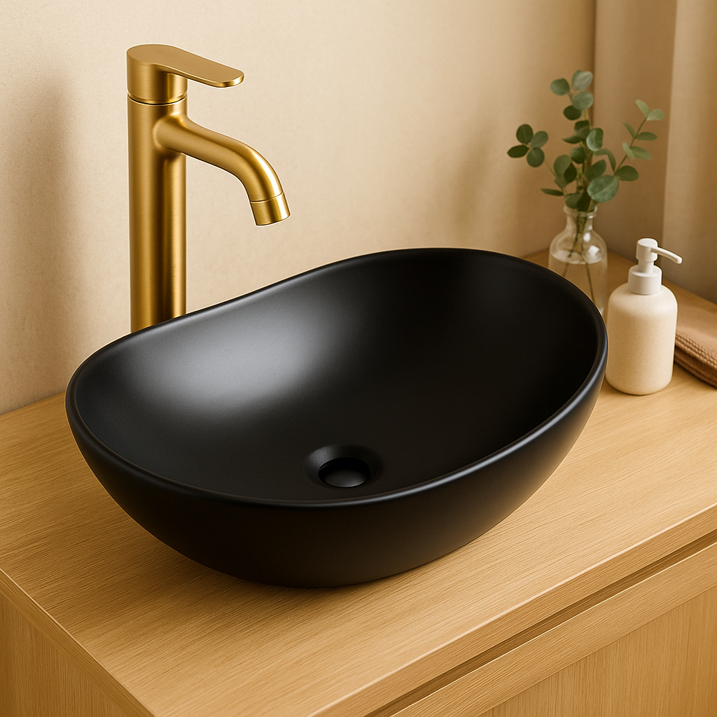 Matte black oval vessel sink and brushed gold faucet on a modern wooden bathroom vanity.