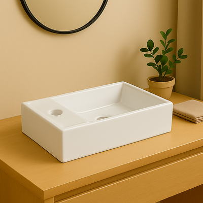 White rectangular ceramic vessel sink with side shelf and faucet hole on a light wood bathroom vanity.