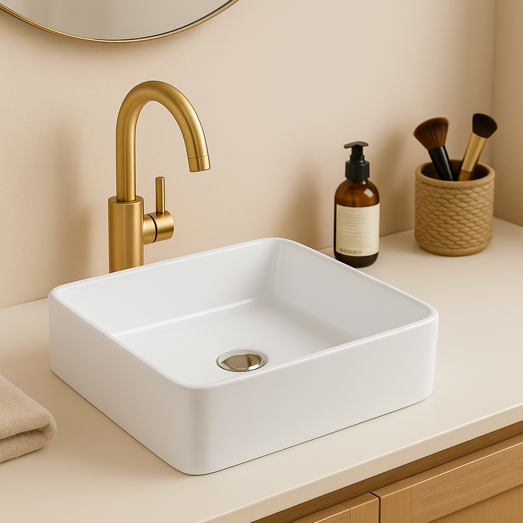 White square vessel bathroom sink with a brushed gold faucet on a modern minimalist vanity.