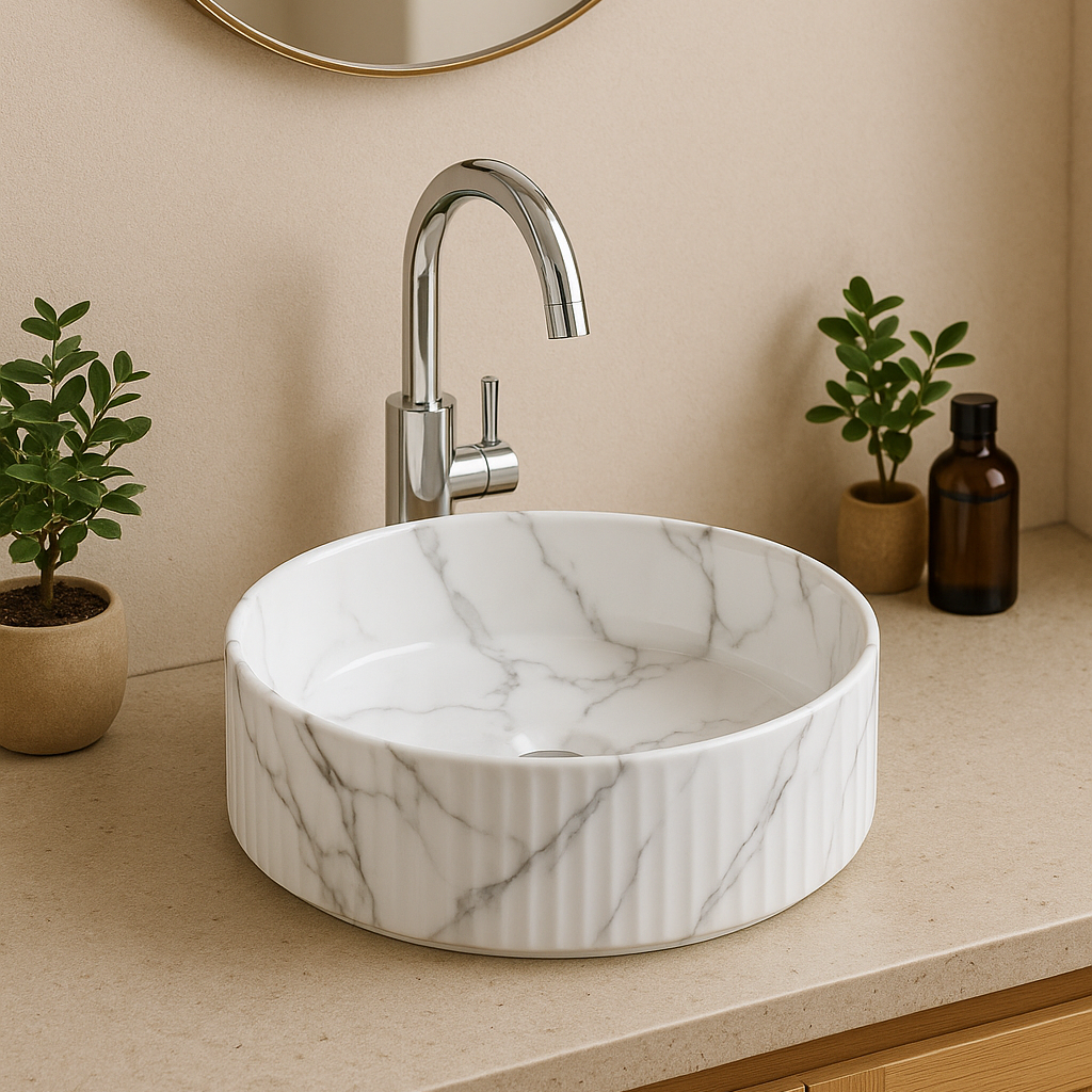 Modern white marble fluted vessel sink with chrome faucet on a minimalist bathroom countertop.