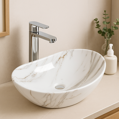 White marble pattern oval vessel sink with chrome faucet in a modern minimalist bathroom.