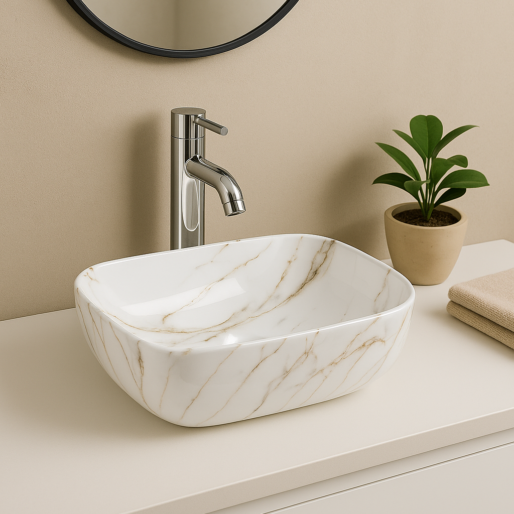 Modern white marble vessel sink with gold veining and chrome faucet on a neutral bathroom vanity.