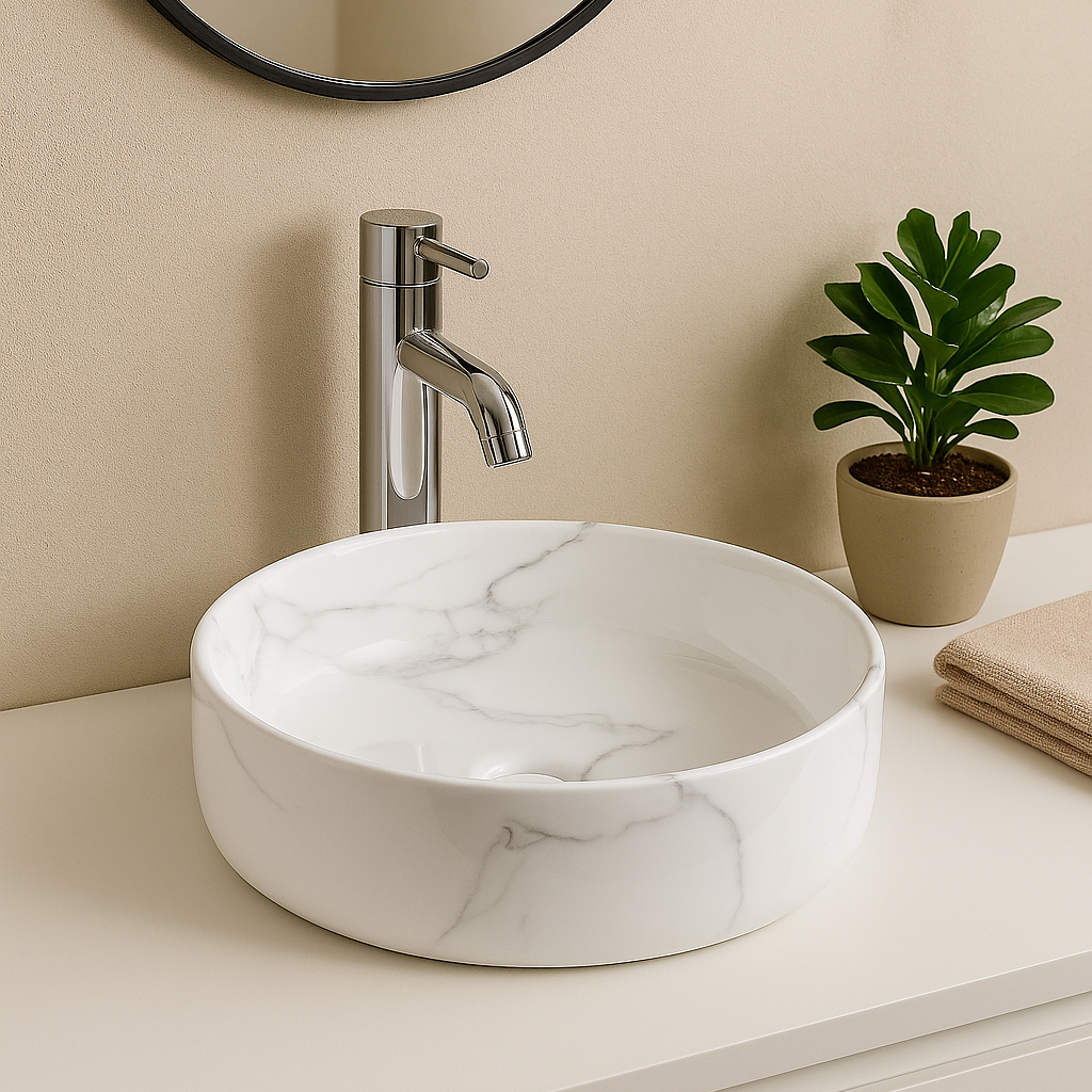 Modern round white marble vessel sink with polished chrome faucet in a contemporary bathroom.