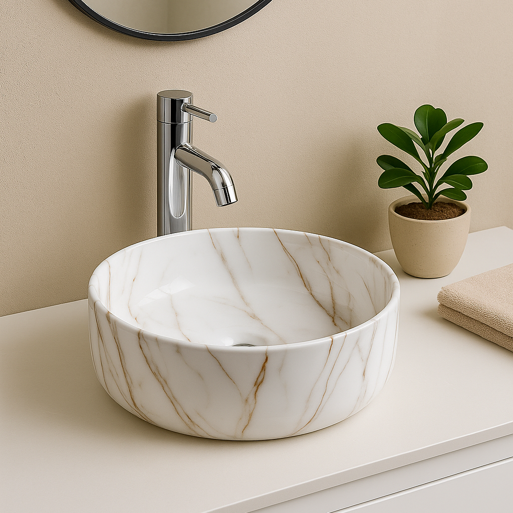 Round white marble vessel sink with gold veins and chrome faucet on a modern beige bathroom countertop.