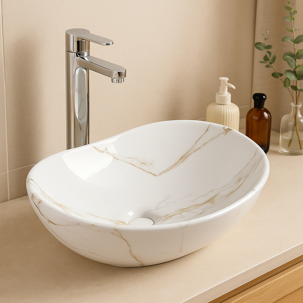 White marble vessel sink with gold veining and tall chrome faucet on a modern beige bathroom vanity.