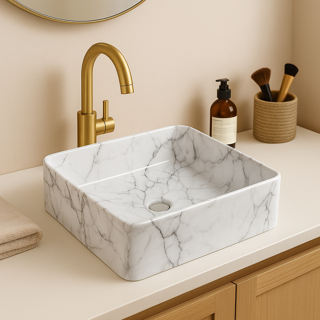 Modern white marble square vessel bathroom sink with gold faucet on cream vanity countertop.