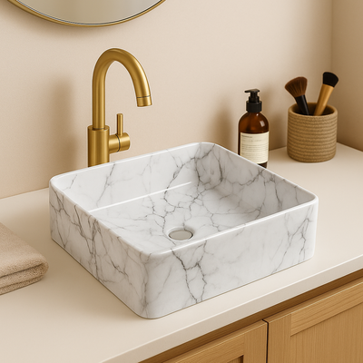 Modern white marble square vessel bathroom sink with gold faucet on cream vanity countertop.