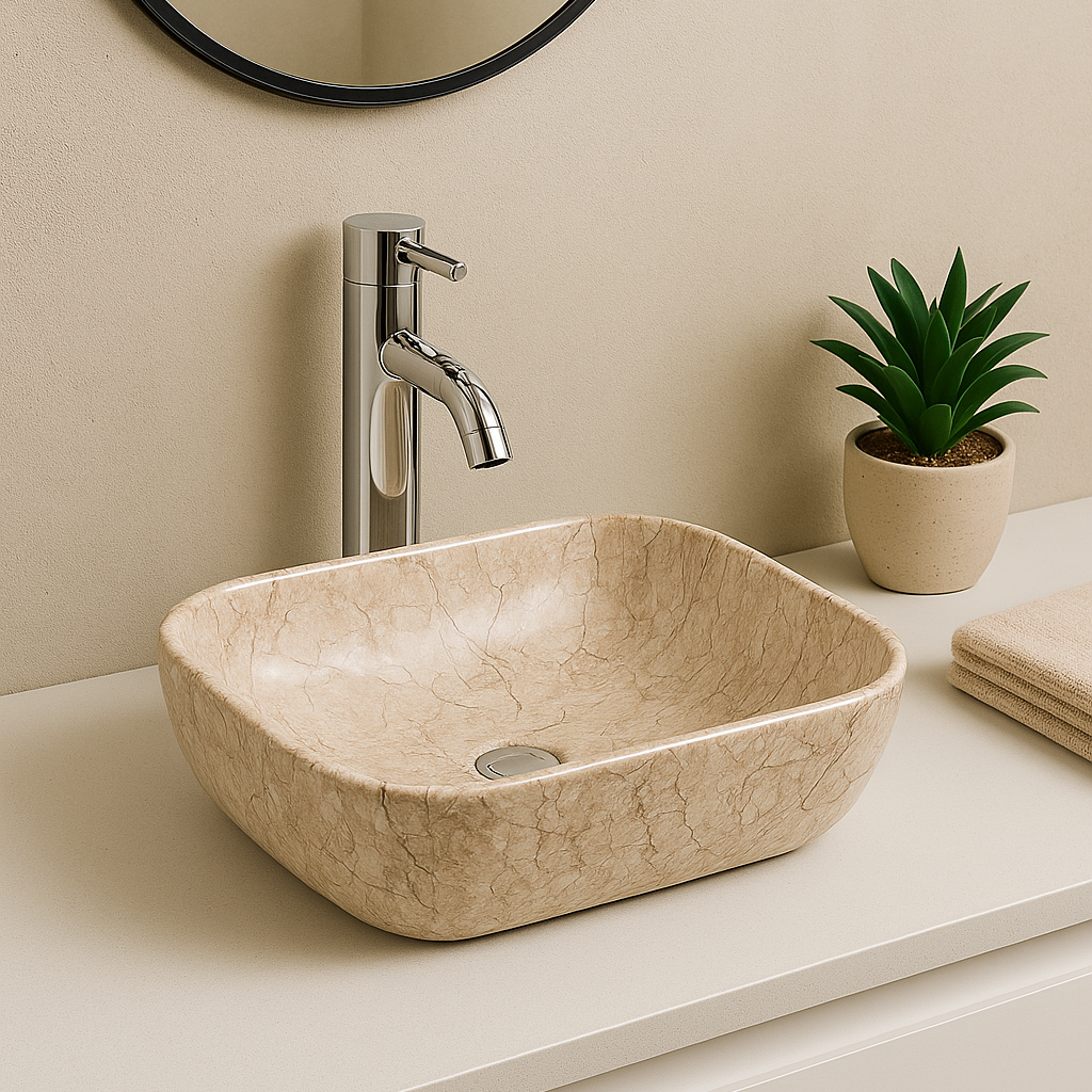 Beige marble square vessel bathroom sink with chrome faucet on a modern countertop.