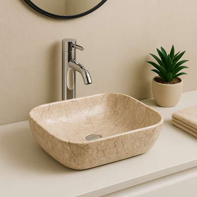 Beige marble square vessel bathroom sink with chrome faucet on a modern countertop.