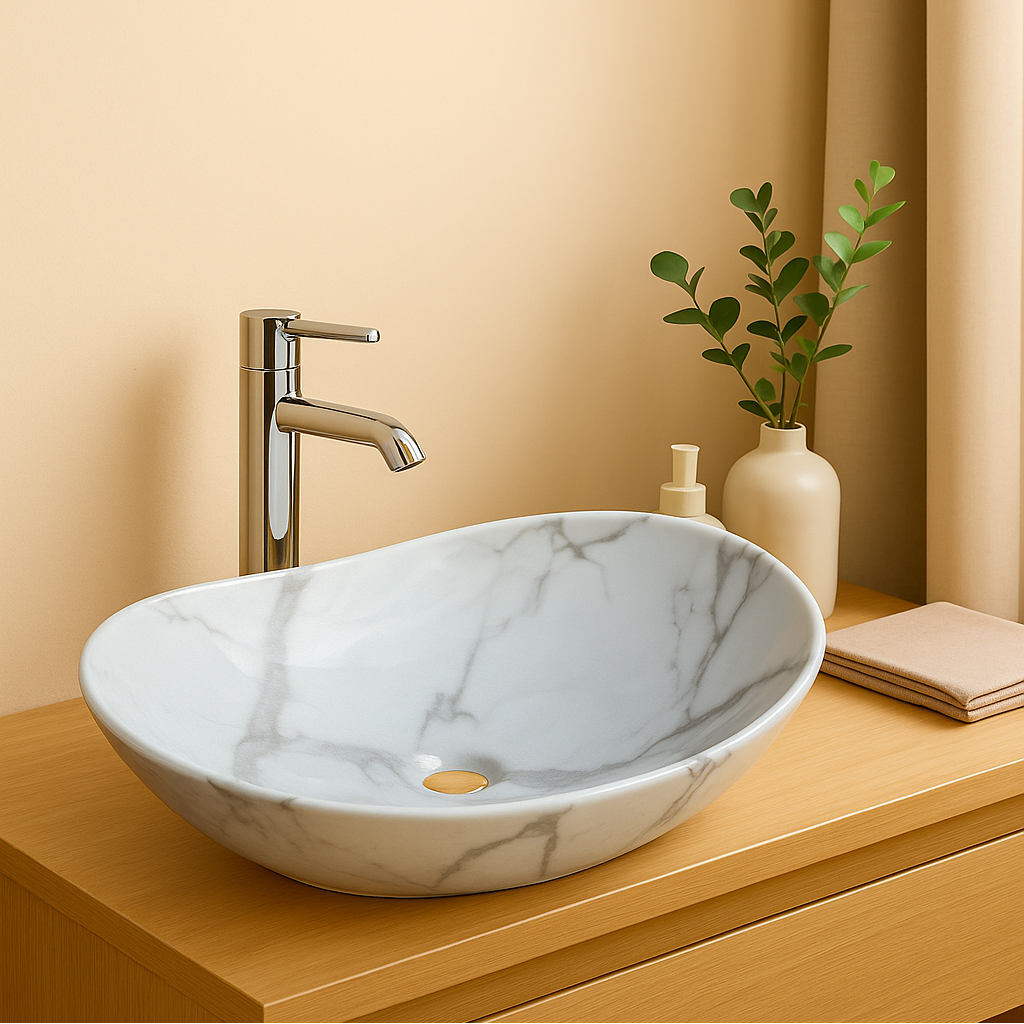 Modern oval white marble vessel sink with grey veining, chrome faucet, and gold drain on a wood bathroom vanity.