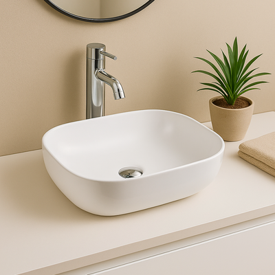 White ceramic vessel sink bowl with chrome faucet on a modern minimalist bathroom vanity.