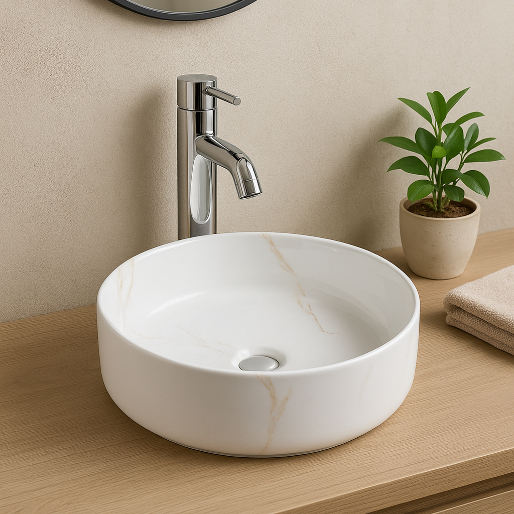 Round white ceramic vessel sink with gold marble veining and chrome faucet on wood bathroom vanity.