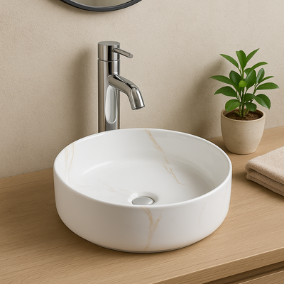 Round white ceramic vessel sink with gold marble veining and chrome faucet on wood bathroom vanity.