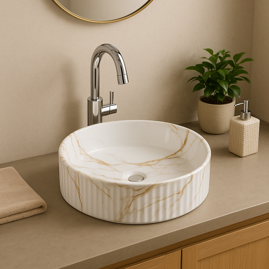 Round white and gold marble fluted vessel sink with chrome faucet in a modern bathroom.