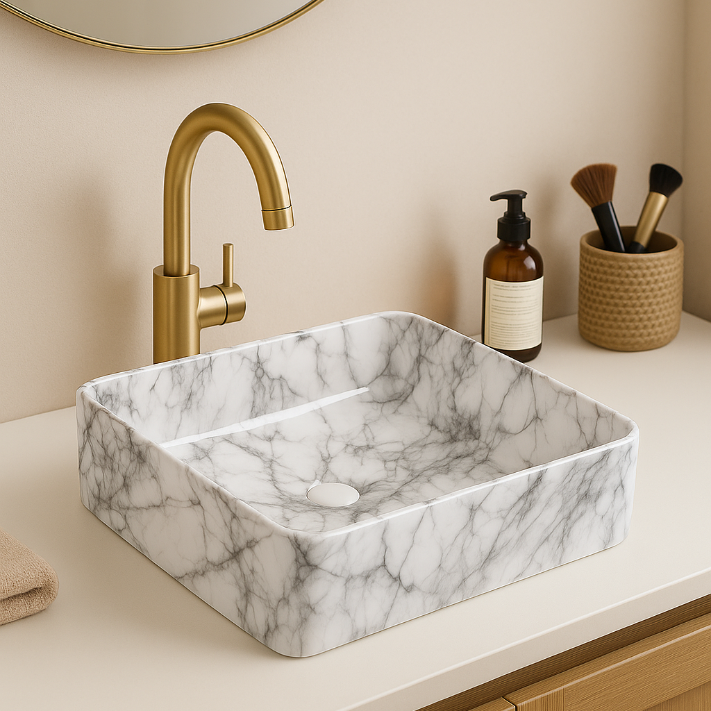 Rectangular white and grey marble vessel sink with a gold faucet on a modern bathroom vanity.