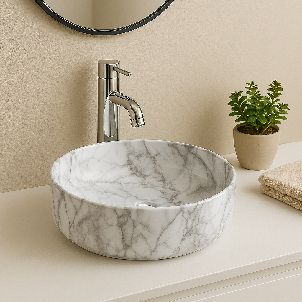 Round white marble vessel bathroom sink with polished chrome faucet on a modern beige vanity.