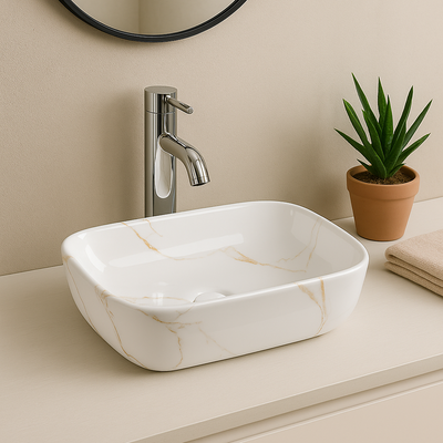 Rectangular white marble vessel sink with gold veins and chrome faucet on a beige bathroom vanity counter.
