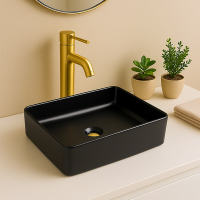 Modern matte black rectangular vessel sink with brushed gold faucet on a minimalist bathroom counter.