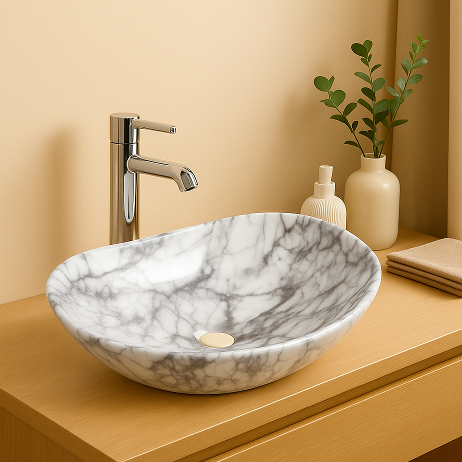 Oval white marble vessel sink with grey veining and chrome faucet on a modern wooden vanity.