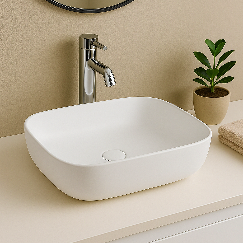 Modern white matte square vessel bathroom sink with rounded corners and chrome faucet on a neutral vanity.