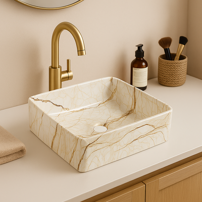 Rectangular cream marble vessel sink with gold veining and gold faucet on a modern bathroom vanity.