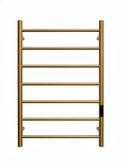 Modern 7-bar electric heated towel rack in brushed gold finish, wall-mounted bathroom towel warmer.